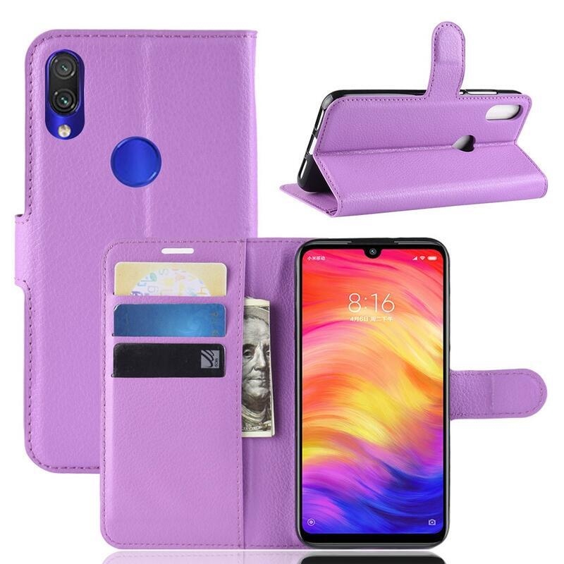 Litchi PU kožené peněženkové puzdro na mobil Xiaomi Redmi Note 7 - fialové