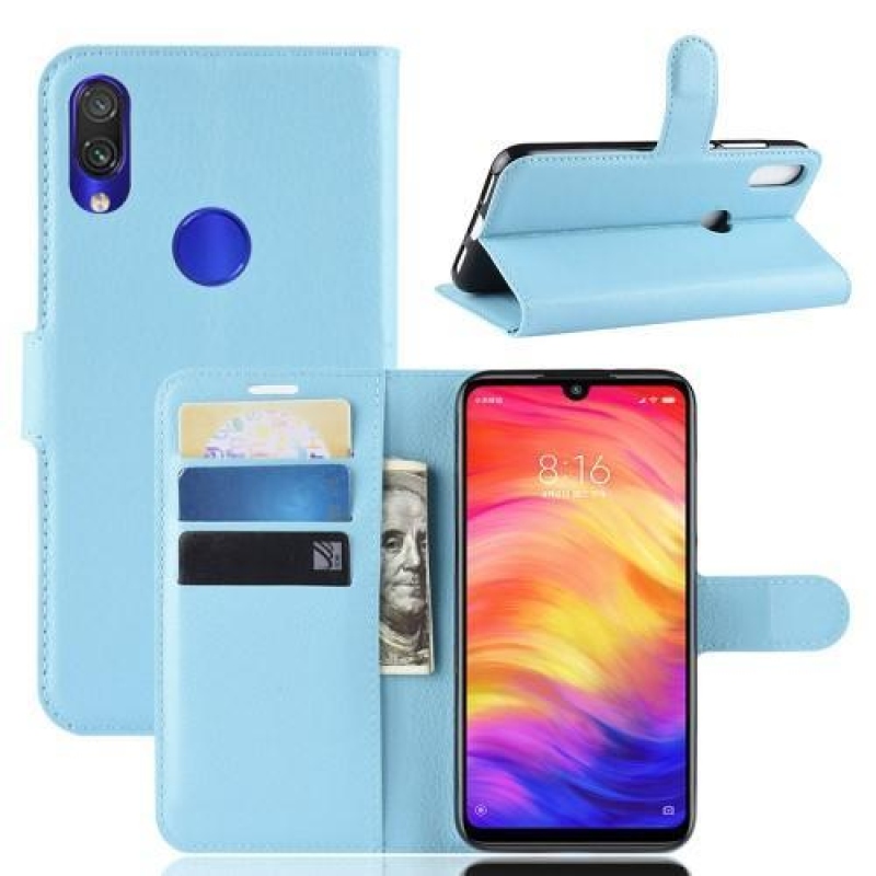 Litchi PU kožené peněženkové puzdro na mobil Xiaomi Redmi Note 7 - modré