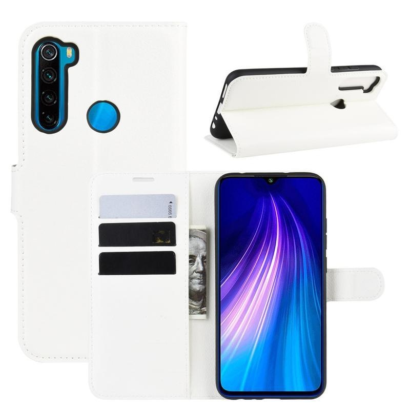 Litchi PU kožené peněženkové puzdro na mobil Xiaomi Redmi Note 8 - biele