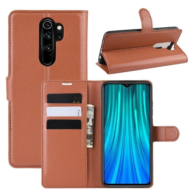 Litchi PU kožené peněženkové puzdro na mobil Xiaomi Redmi Note 8 Pro - hnedé