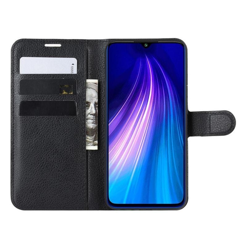 Litchi PU kožené peněženkové puzdro na mobil Xiaomi Redmi Note 8T - čierne