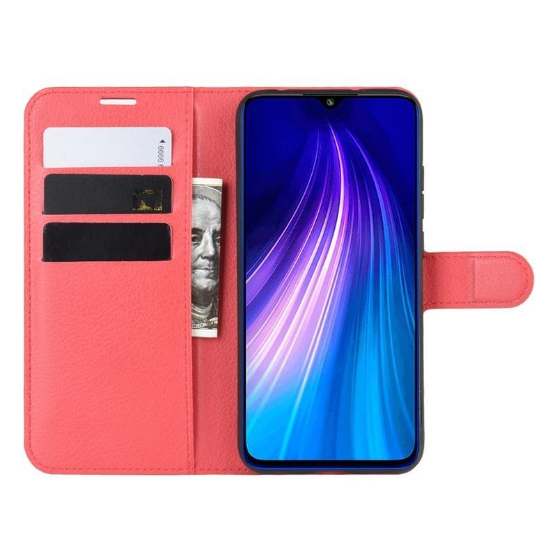 Litchi PU kožené peněženkové puzdro na mobil Xiaomi Redmi Note 8T - červené