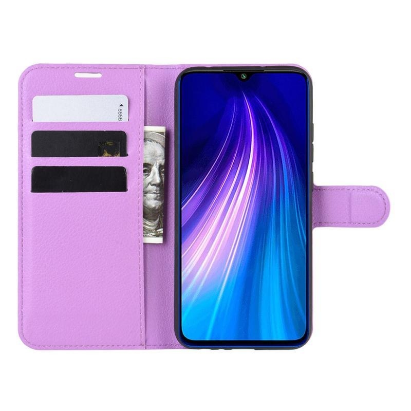 Litchi PU kožené peněženkové puzdro na mobil Xiaomi Redmi Note 8T - fialové