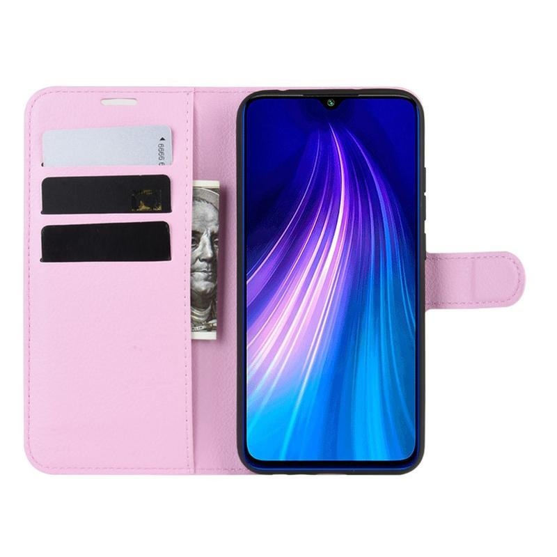 Litchi PU kožené peněženkové puzdro na mobil Xiaomi Redmi Note 8T - ružové