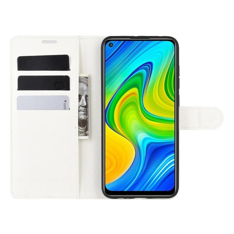 Litchi PU kožené peněženkové puzdro na mobil Xiaomi Redmi Note 9 - biele