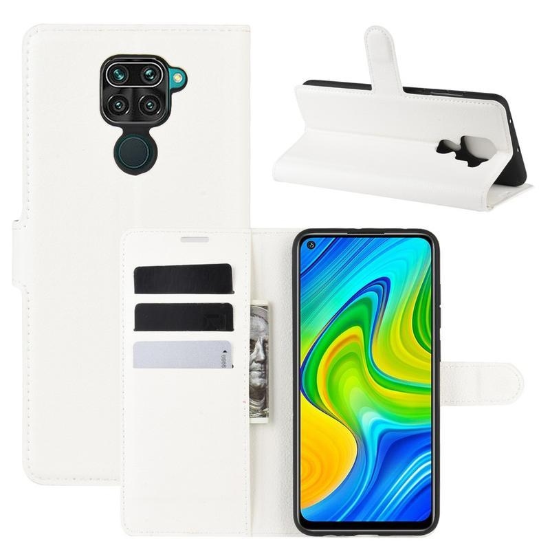 Litchi PU kožené peněženkové puzdro na mobil Xiaomi Redmi Note 9 - biele