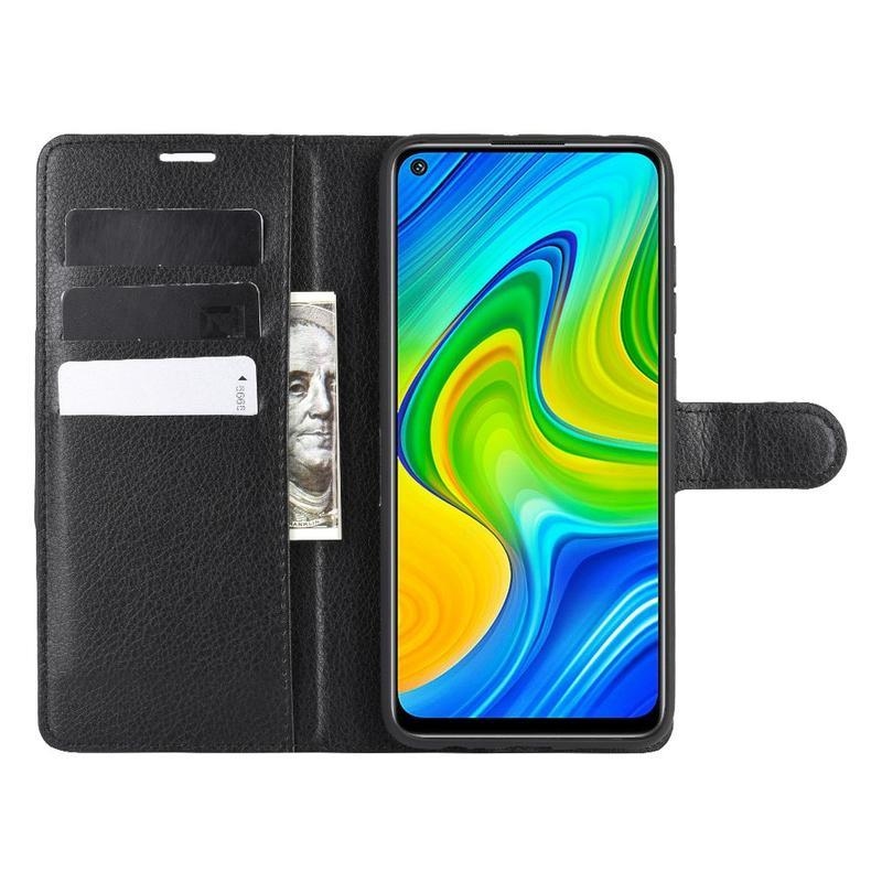 Litchi PU kožené peněženkové puzdro na mobil Xiaomi Redmi Note 9 - čierne