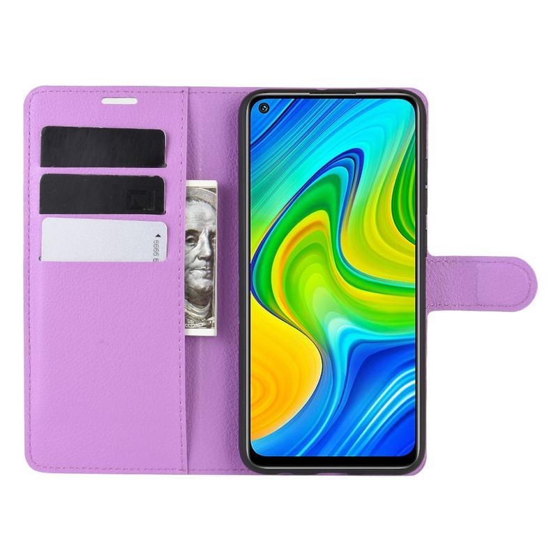 Litchi PU kožené peněženkové puzdro na mobil Xiaomi Redmi Note 9 - fialové