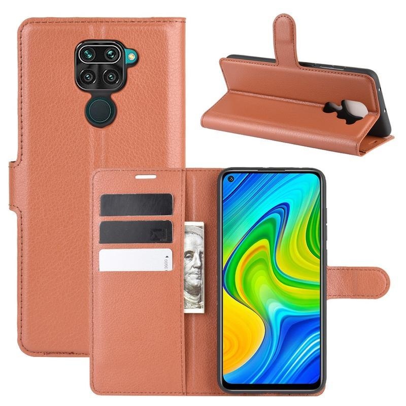 Litchi PU kožené peněženkové puzdro na mobil Xiaomi Redmi Note 9 - hnedé