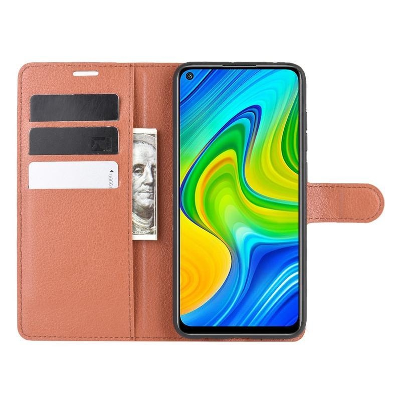 Litchi PU kožené peněženkové puzdro na mobil Xiaomi Redmi Note 9 - hnedé