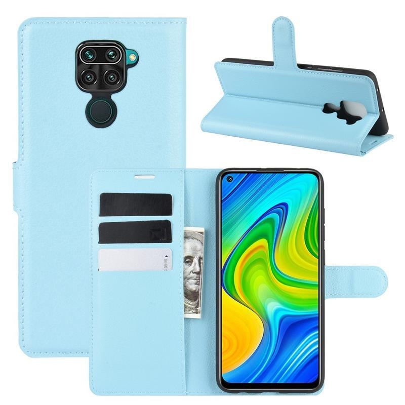 Litchi PU kožené peněženkové puzdro na mobil Xiaomi Redmi Note 9 - modré