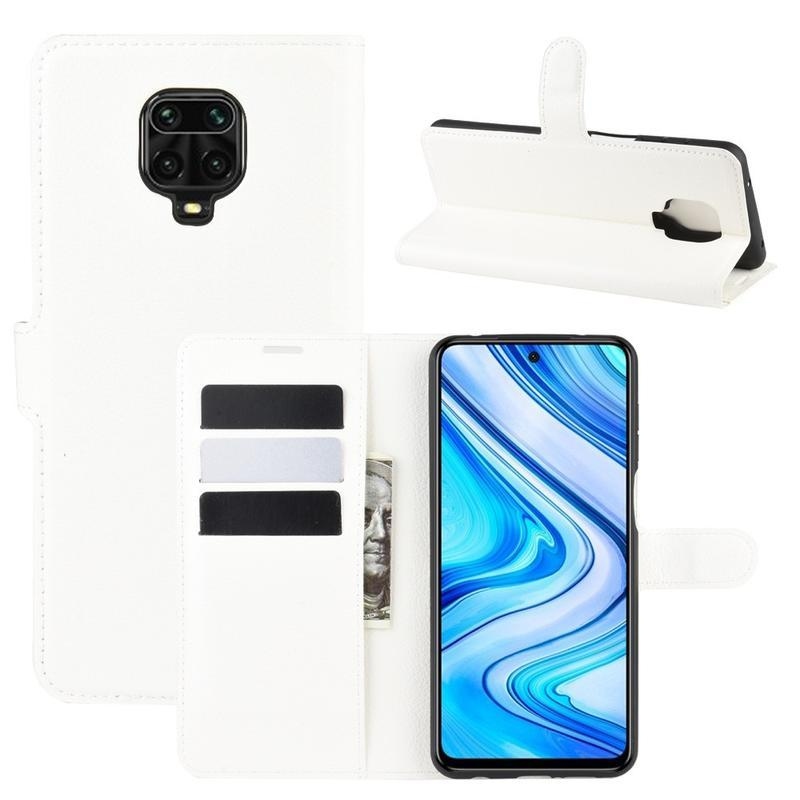 Litchi PU kožené peněženkové puzdro na mobil Xiaomi Redmi Note 9 Pro/Note 9S - biele