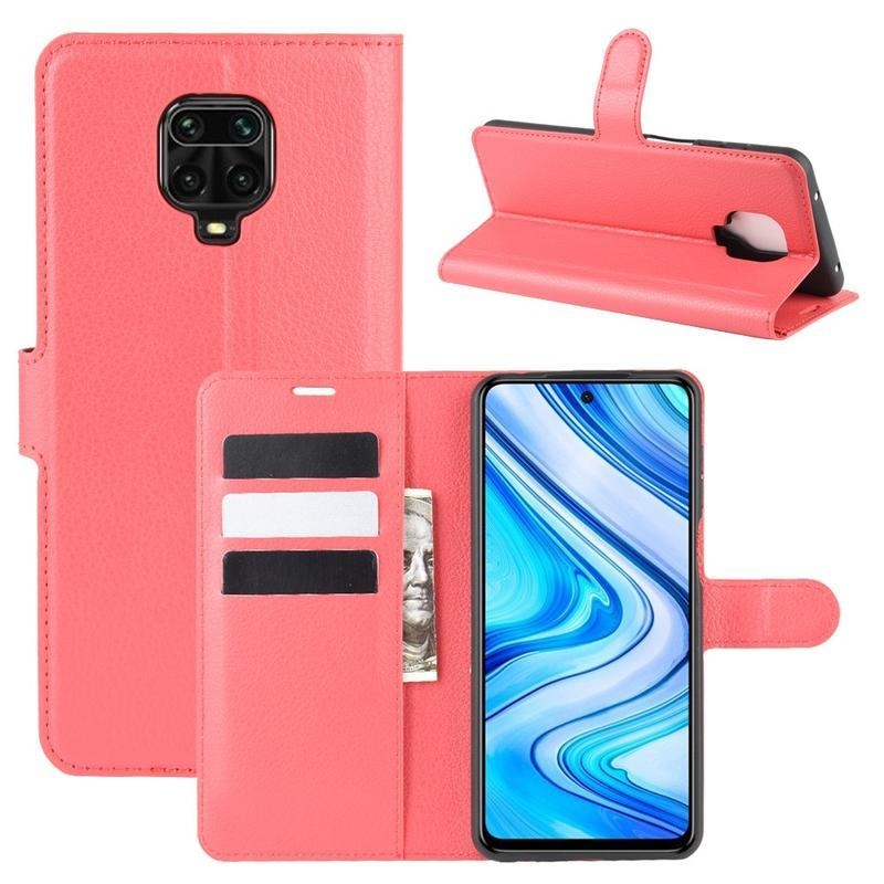 Litchi PU kožené peněženkové puzdro na mobil Xiaomi Redmi Note 9 Pro/Note 9S - červené