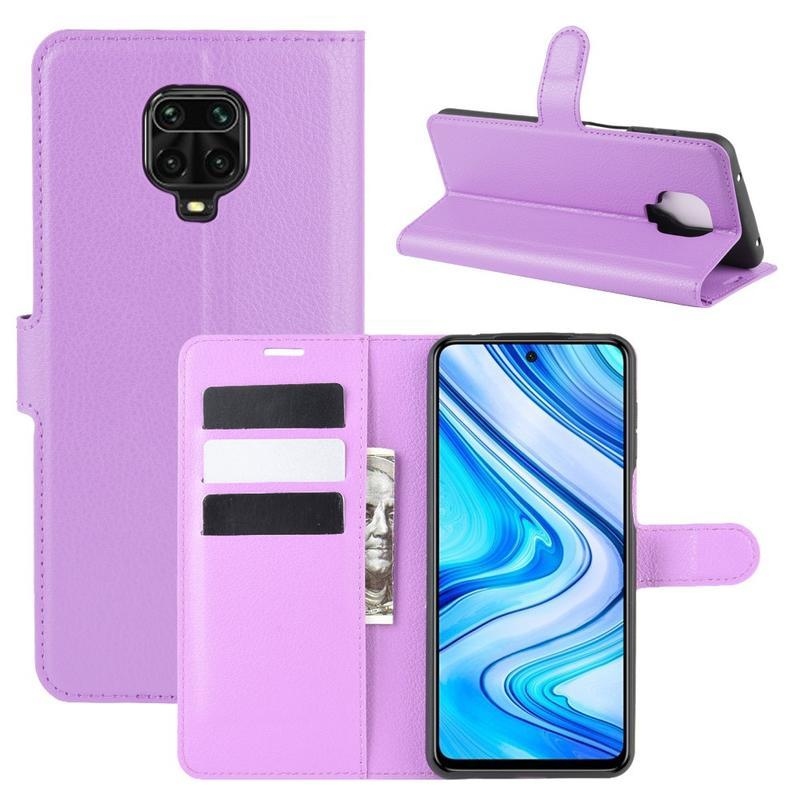 Litchi PU kožené peněženkové puzdro na mobil Xiaomi Redmi Note 9 Pro/Note 9S - fialové