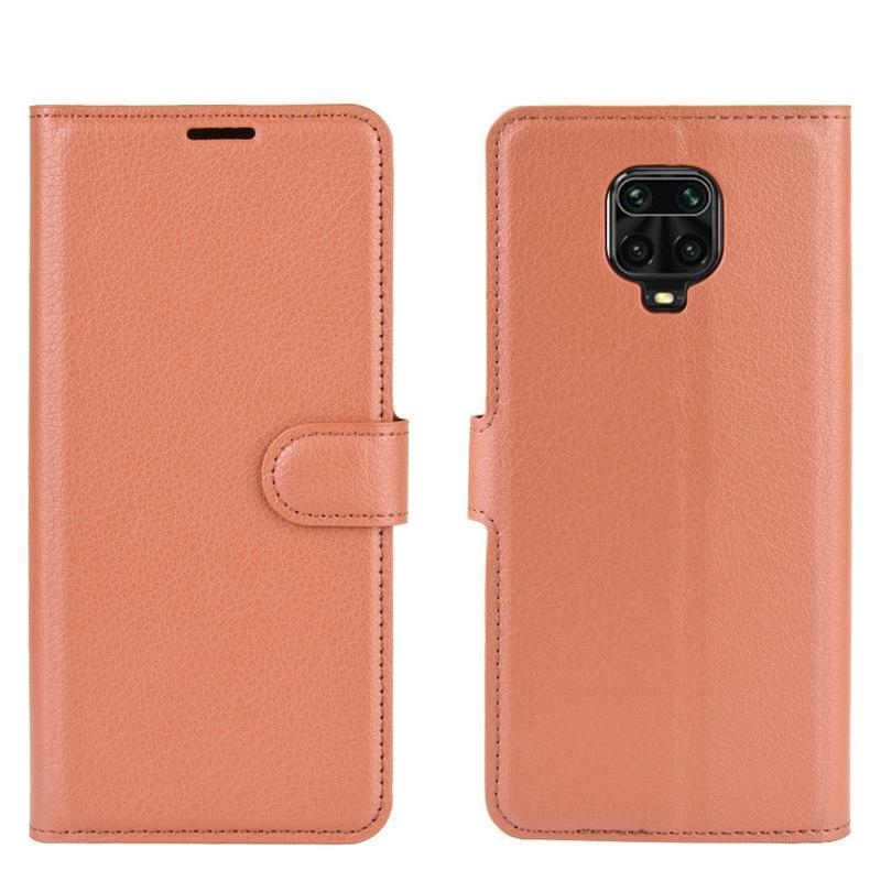 Litchi PU kožené peněženkové puzdro na mobil Xiaomi Redmi Note 9 Pro/Note 9S - hnedé