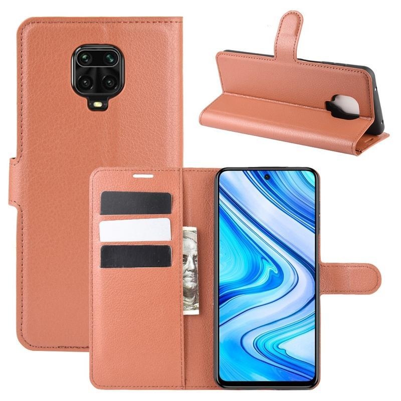 Litchi PU kožené peněženkové puzdro na mobil Xiaomi Redmi Note 9 Pro/Note 9S - hnedé