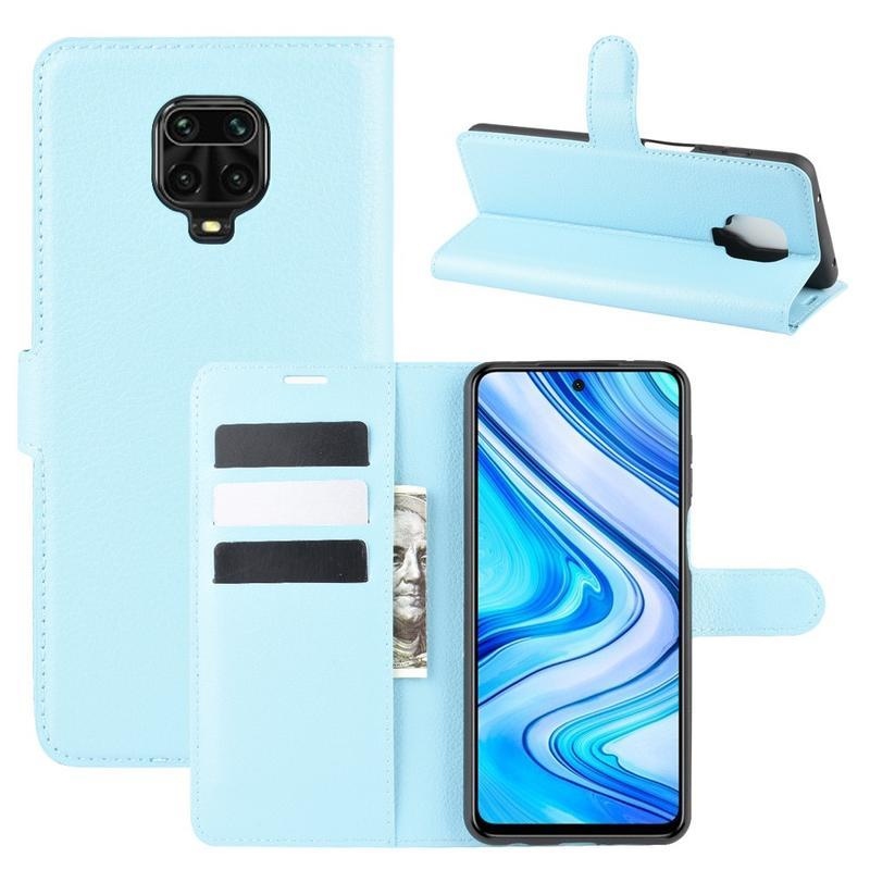 Litchi PU kožené peněženkové puzdro na mobil Xiaomi Redmi Note 9 Pro/Note 9S - modré