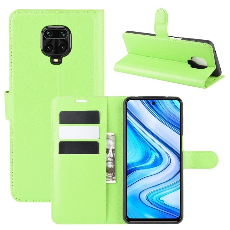 Litchi PU kožené peněženkové puzdro na mobil Xiaomi Redmi Note 9 Pro/Note 9S - zelené