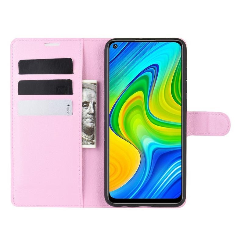 Litchi PU kožené peněženkové puzdro na mobil Xiaomi Redmi Note 9 - ružové