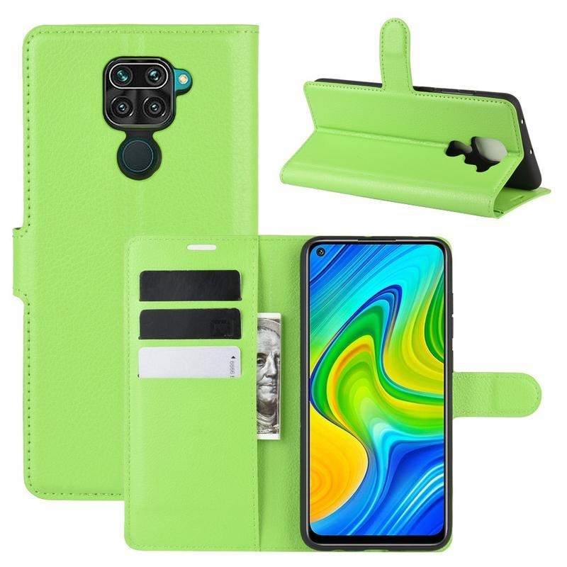 Litchi PU kožené peněženkové puzdro na mobil Xiaomi Redmi Note 9 - zelené