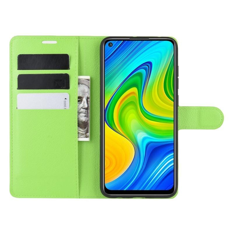 Litchi PU kožené peněženkové puzdro na mobil Xiaomi Redmi Note 9 - zelené