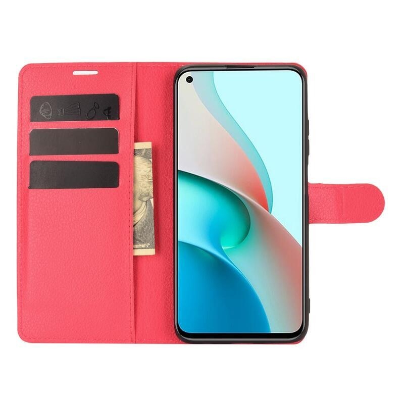 Litchi PU kožené peněženkové puzdro na mobil Xiaomi Redmi Note 9T 5G - červené