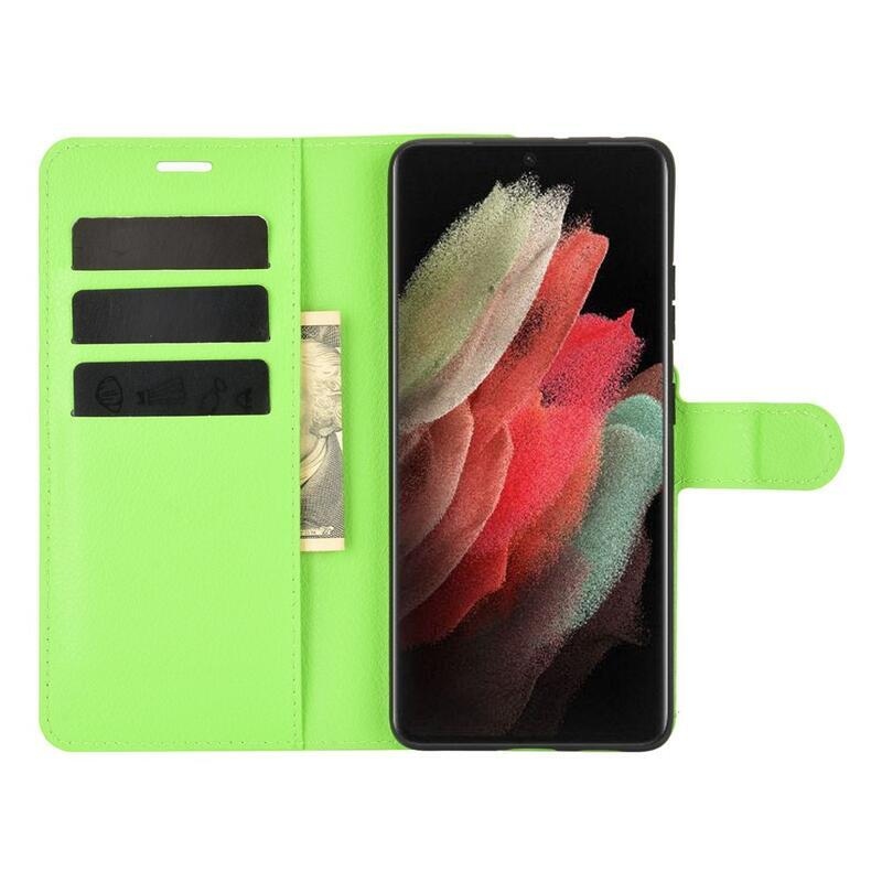 Litchi PU kožené peněženkové puzdro na mobilný telefón Samsung Galaxy S21 Ultra 5G - zelené