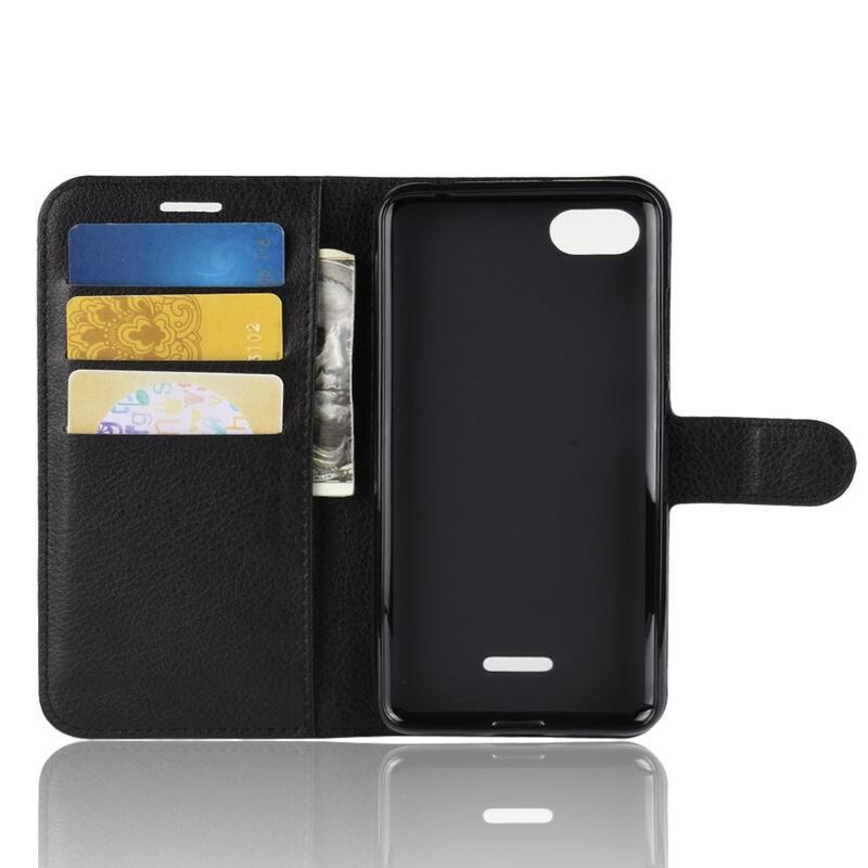 Litchi PU kožené peňaženkové púzdro na telefón Xiaomi Redmi 6A - čierne