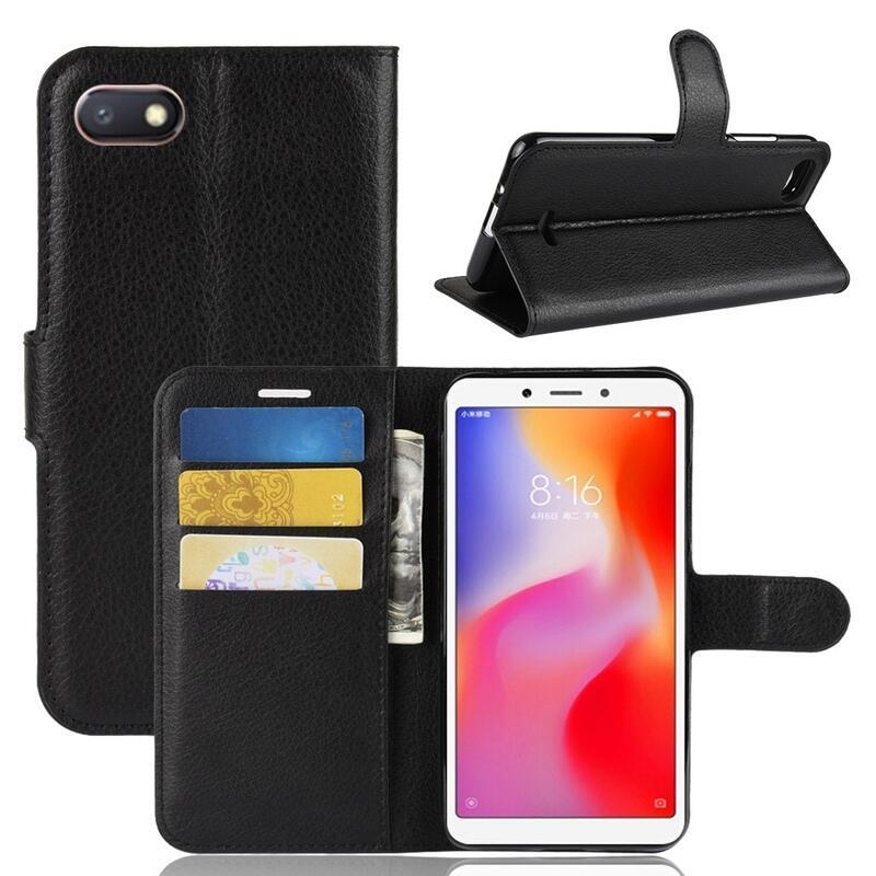 Litchi PU kožené peňaženkové púzdro na telefón Xiaomi Redmi 6A - čierne