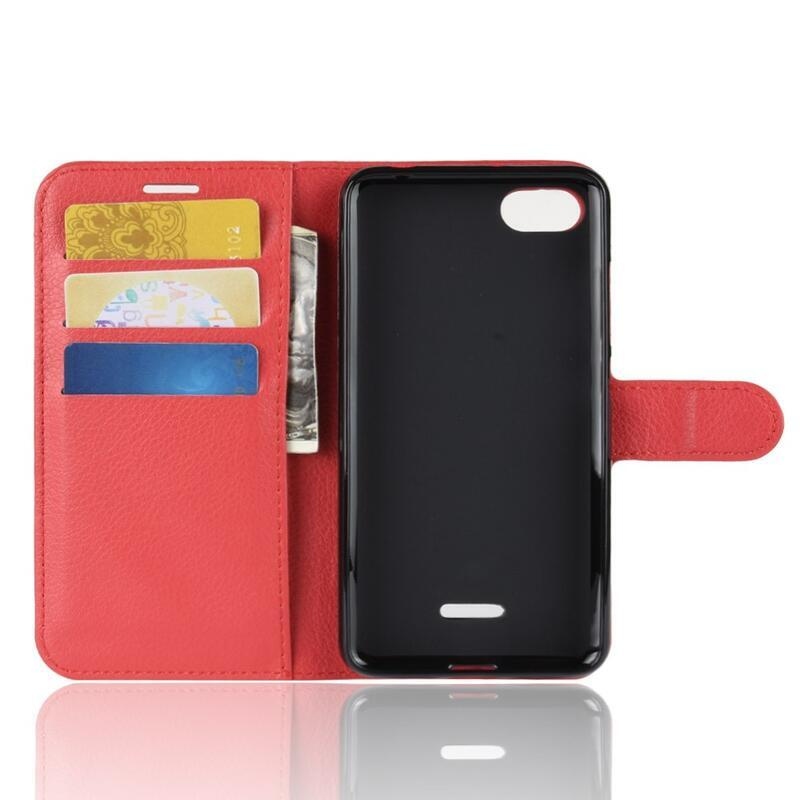 Litchi PU kožené peňaženkové púzdro na telefón Xiaomi Redmi 6A - červené