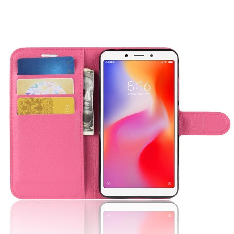 Litchi PU kožené peňaženkové púzdro na telefón Xiaomi Redmi 6A - rose