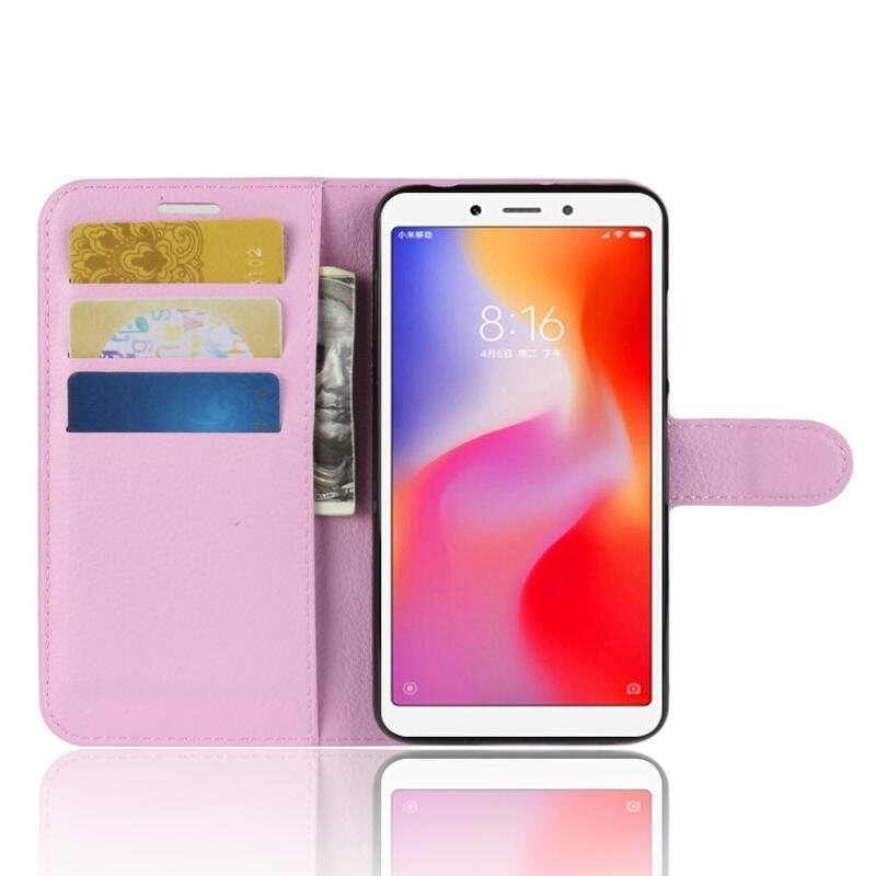 Litchi PU kožené peňaženkové púzdro na telefón Xiaomi Redmi 6A - ružové