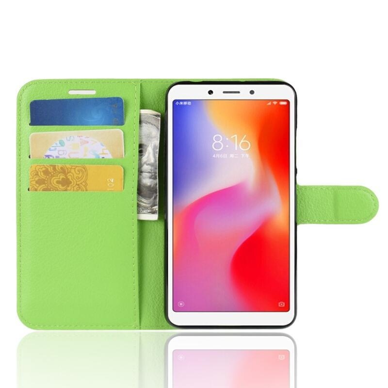 Litchi PU kožené peňaženkové púzdro na telefón Xiaomi Redmi 6A - zelené