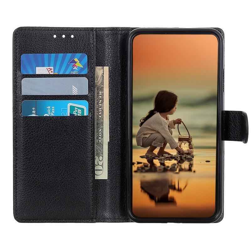 Litchi PU kožené peňaženkové púzdro pre mobil Realme 8/8 Pro - čierne