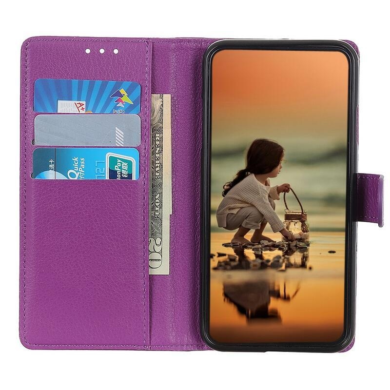 Litchi PU kožené peňaženkové púzdro pre mobil Realme 8/8 Pro - fialové