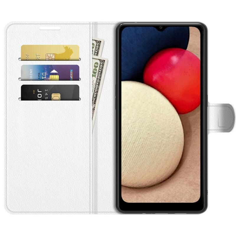 Litchi PU kožené peněženkové púzdro pre mobil Samsung Galaxy A03s (166.6 x 75.9 x 9.1mm) - biele