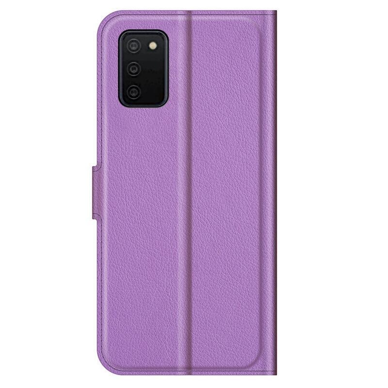 Litchi PU kožené peněženkové puzdro pre mobil Samsung Galaxy A03s (166.6 x 75.9 x 9.1mm) - fialové