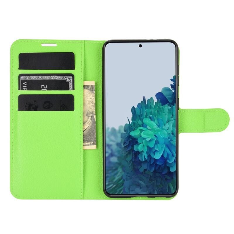 Litchi PU kožené peňaženkové púzdro pre mobilný telefón Samsung Galaxy S21 - zelené