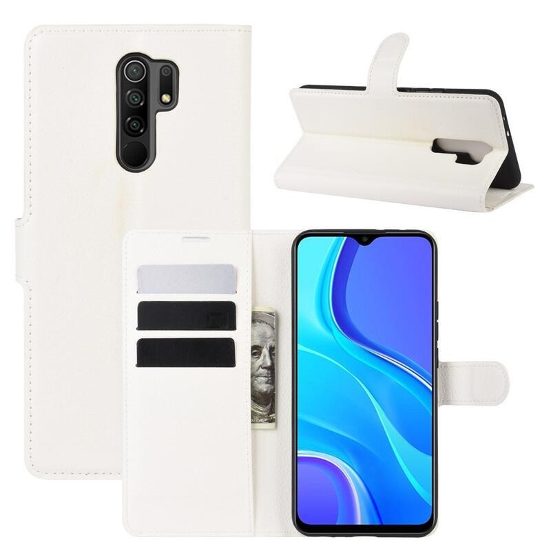 Litchi PU kožené peňaženkové puzdro pre mobilný telefón Xiaomi Redmi 9 - biele