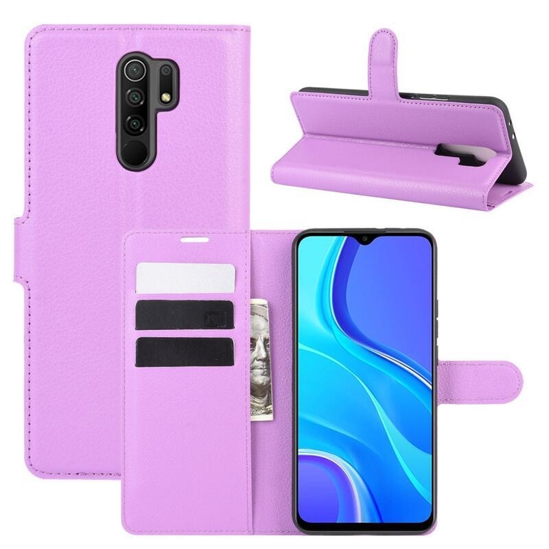 Litchi PU kožené peňaženkové puzdro pre mobilný telefón Xiaomi Redmi 9 - fialové