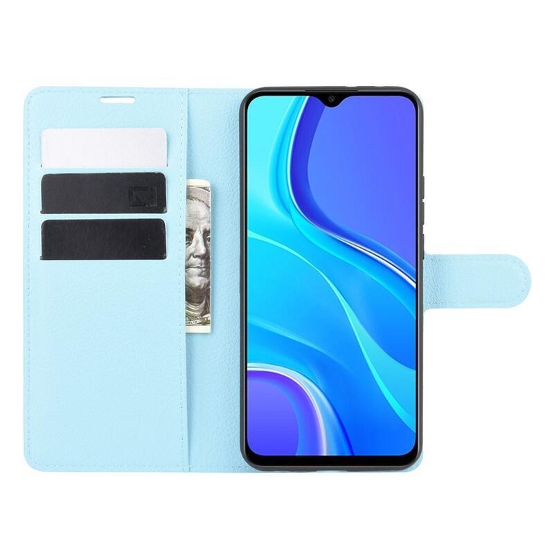 Litchi PU kožené peňaženkové puzdro pre mobilný telefón Xiaomi Redmi 9 - modré