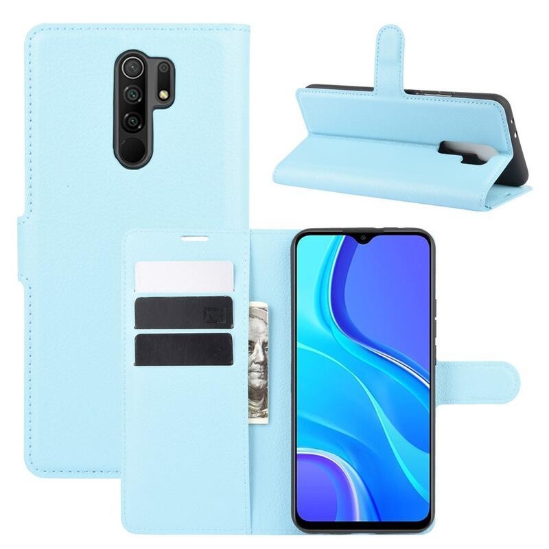 Litchi PU kožené peňaženkové puzdro pre mobilný telefón Xiaomi Redmi 9 - modré