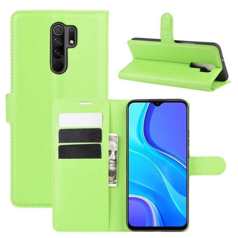 Litchi PU kožené peňaženkové puzdro pre mobilný telefón Xiaomi Redmi 9 - zelené