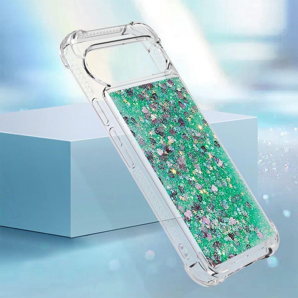 Glitter presýpací gélový obal na Google Pixel 10 Pro/Pixel 10 - zelený/srdiečka