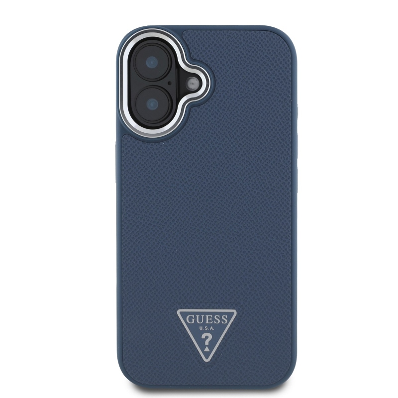 Guess PU Grained Triangle Logo Zadný Kryt pre iPhone 16 Blue