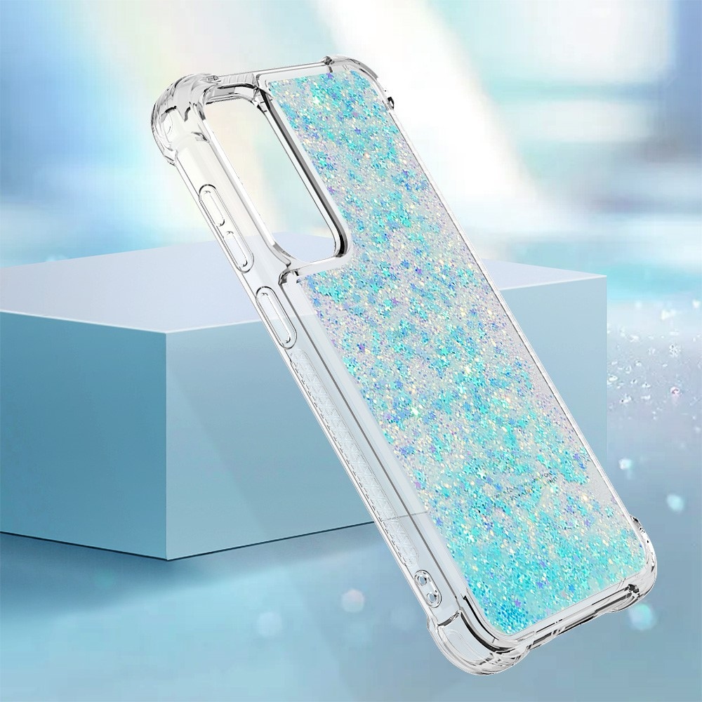 Glitter gélový presýpací obal na Samsung Galaxy S23 FE - modrý/hviezdičky