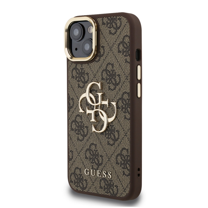 Guess PU 4G Metal Logo Stand Camera Frame Zadný Kryt pre iPhone 14 Brown
