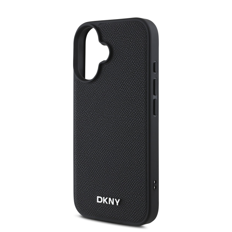 DKNY PU Leather Silver Metal Logo Magsafe Zadný Kryt pre iPhone 16 Plus Black