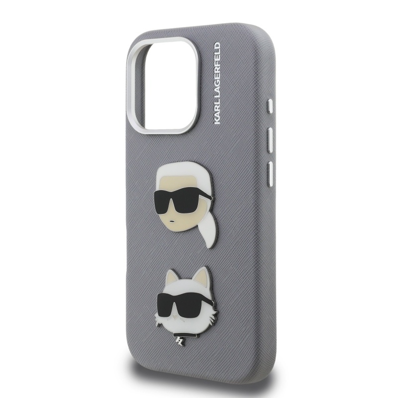 Karl Lagerfeld Grained PU K&CH Heads Zadný Kryt pre iPhone 16 Pro Max Grey