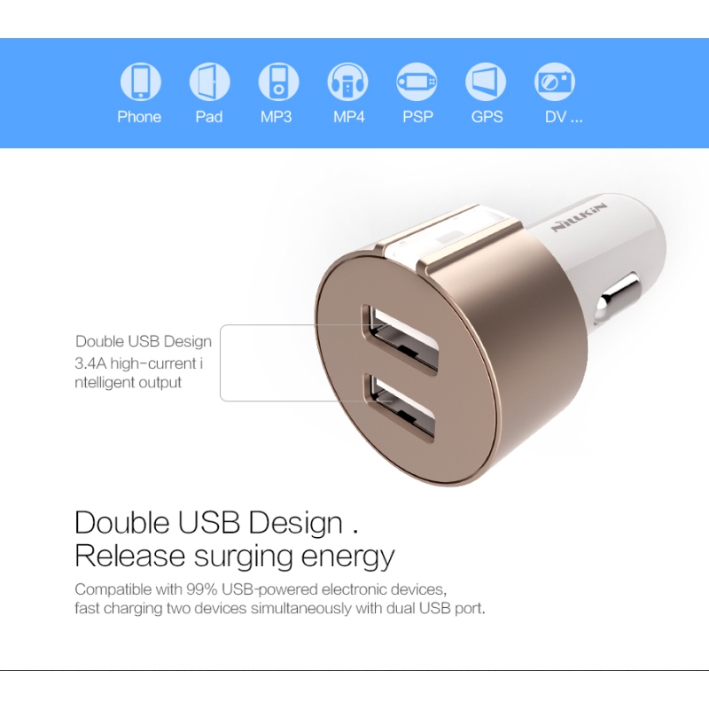 Nillkin Vigor Duálna USB nabíjačka do auta zlatá